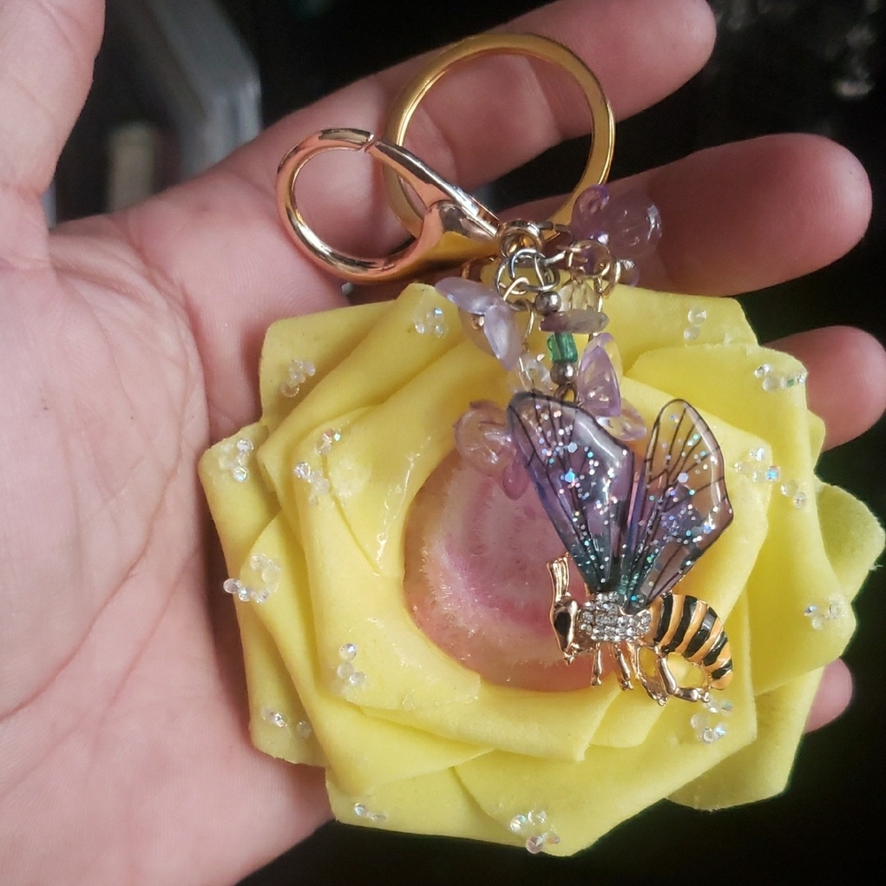 Yellow Rose Keychain with Bee Charm